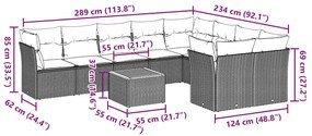 10 pcs conjunto sofás p/ jardim c/ almofadões vime PE cinzento