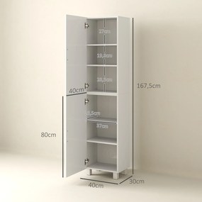 Armário alto de casa de banho, móvel de arrumação em coluna com 2 portas e prateleiras ajustáveis, 40 x 30 x 167,5 cm, branco