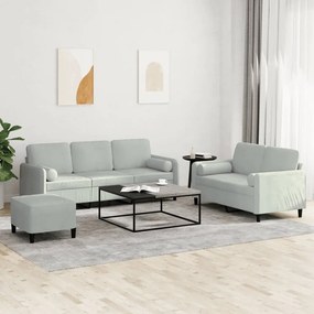 3202044 vidaXL 3 pcs conjunto de sofás com almofadas veludo cinzento-claro