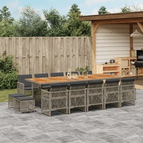 vidaXL 15 pcs conjunto jantar p/ jardim c/ almofadões vime PE cinzento