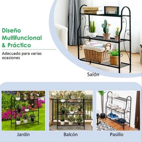 Estante metálica de 3 níveis para plantas com padrão de rolagem elegante e multifuncional 72 x 25 x 85 cm preto