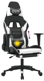 Cadeira gaming massagens c/ apoio pés couro artif. preto/branco