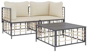 3 pcs conjunto lounge de jardim c/ almofadões vime PE antracite