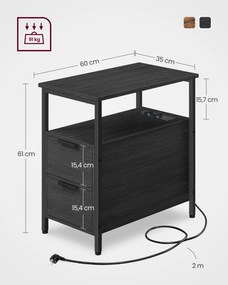 Mesa de apoio, mesa de cabeçeira com 2  tomadas eléctricas e 2 portas USB com 2 gavetas cinzento antracite-preto clássico