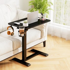 Mesa de computador com rodas ocultas, ajustável em altura com suporte para copos e gancho, preta