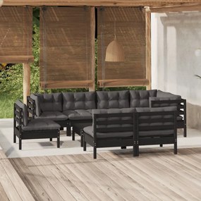 vidaXL 9 pcs conjunto lounge jardim c/ almofadões pinho maciço preto