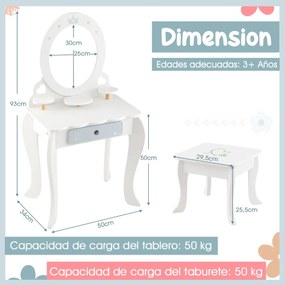 Conjunto de Toucador Infantil de Madeira 2 em 1 com Banco e Espelho Destacável com Gaveta Mesa de Maquilhagem para Raparigas com Cadeira Branco