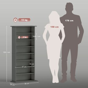 Organizador para CD e DVD com 8 compartimentos e 6 prateleiras ajustáveis, capacidade máxima de 360 CD/185 DVD e Blu-ray, cinzento