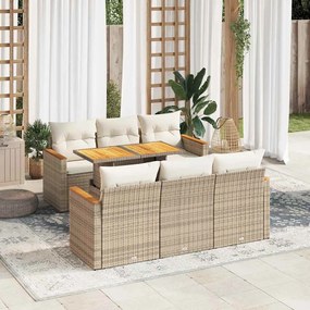 vidaXL 7 pcs conjunto sofás jardim com almofadões vime PE/acácia bege