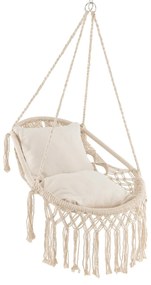 Cadeira suspensa jardim 101 x 69 cm com franjas 2 almofadas macias para o assento Corda e corrente Capacidade de carga 150 kg Bege