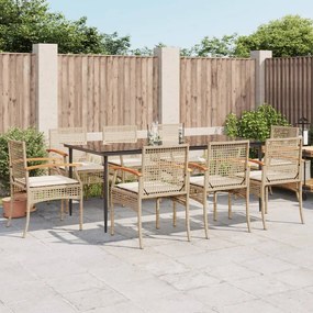 9 pcs conjunto de jantar p/ jardim com almofadões vime PE bege