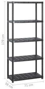 Unidade com 5 prateleiras 213x38x170 cm plástico preto