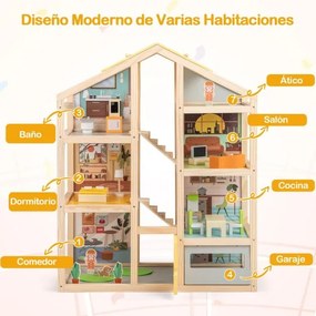 Casa de bonecas de madeira  60 x 30 x 75 cm com 7 quartos, 18 peças de mobiliário, 3 bonecos e 1 cão de estimação para maiores de 3 anos natural