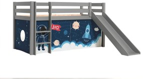 Cama alta de Criança PINO 90 x 200 cm + estrado + escada + escorrega + cortina Espaço Cinzenta