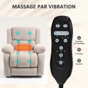 Poltrona elevatória elétrica com massagem e aquecimento, apoio para os pés, encosto reclinável, comando à distância e bolso lateral bege