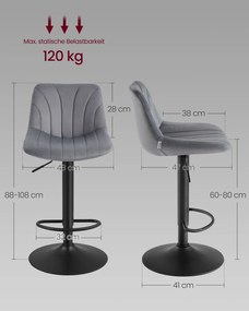 Conjunto 2 bancos bar com encosto e assento giratório 46,5 x 43 x (88-108) cm em veludo cinza ardósia