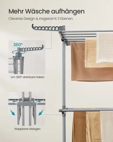 Estendal roupa com 4 níveis 63,5 x 128 x 173 cm cinzento