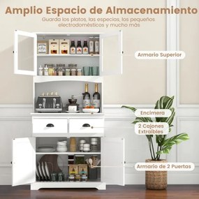 Armário de cozinha com portas de vidro temperado Estantes e gavetas ajustáveis Branco
