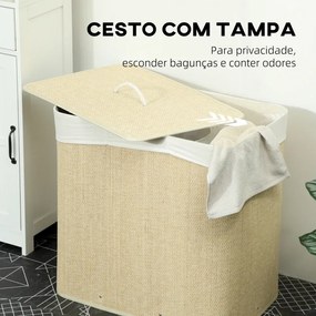 Cesto de Roupa Suja com Tampa 144L de Bambu com 3 Compartimentos 60x40x60 cm Creme