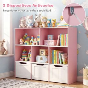 Estante infantil para brinquedos 100 x 33 x 90 cm com 5 compartimentos abertos e 3 gavetas móveis – Organizador de brinquedos com rodas para sala de j