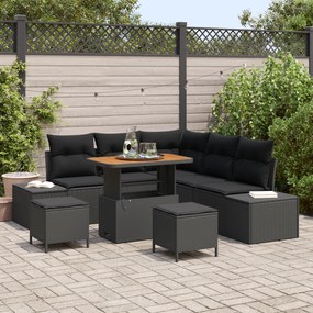 Conjunto de Sofá de Jardim de 8 Peças com Almofadas Preto Vime PE Acácia