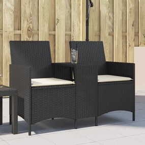 vidaXL Sofá de jardim c/ mesa e almofadões 2 lugares vime PE preto