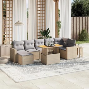 8 pcs conjunto de sofás p/ jardim com almofadões vime PE bege