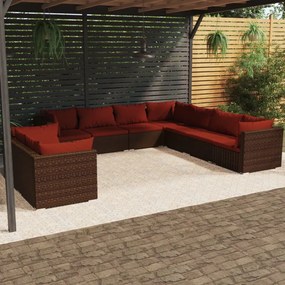 vidaXL 9 pcs conjunto lounge jardim c/ almofadões vime PE castanho