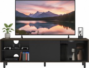 Móvel de TV moderno 140 x 39 x 45 cm, montagem rápida sem ferramentas com vidro estriado castanho-preto