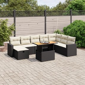 9 pcs conjunto de sofás p/ jardim c/ almofadões vime PE preto