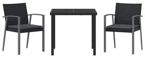 Conjunto de jantar de jardim de 3 peças com almofadas, preto, em ratta
