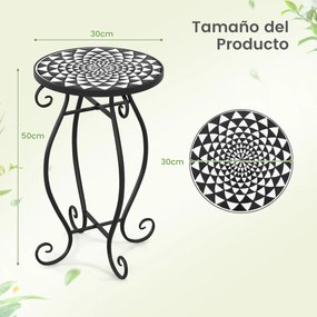 Mesa auxiliar de mosaico ao ar livre mesa redonda com suporte de planta superior de cerâmica para varanda pátio jardim 30 x 30 x 50 cm preto