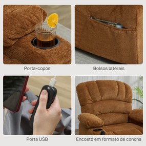 Poltrona Relax Reclinável Elétrica com Função Memória Apoia-Pés Controlo Remoto Bolsos Laterais Porta USB Porta-Copos Castanho