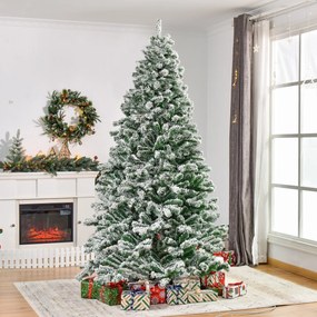 Árvore de Natal Ø140x225cm Neve Artificial com 1083 Pontas de PVC Base Dobrável e Suporte de Metal Decoração de Natal para Interiores Verde e Branco