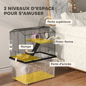 Gaiola para hamsters e roedores de 3 andares 57 x 43 x 74 cm, com rodas, plataforma e escada em arame de aço, preta