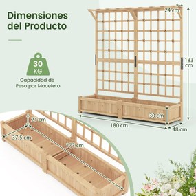 Floreira de jardim elevada em madeira, 180 x 48 x 183 cm, com treliça, teto suspenso, 2 caixas, tabuleiro removível, plantas trepadeiras e flores natu