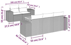 6 pcs conjunto sofás de jardim com almofadões vime cinzento