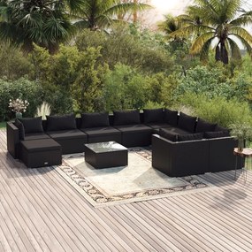vidaXL 11 pcs conjunto lounge de jardim c/ almofadões vime PE preto