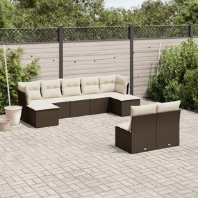 9 pcs conjunto sofás p/ jardim c/ almofadões vime PE castanho