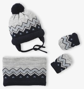 Conjunto gorro, gola snood e luvas em jacquard, para bebé cinza mesclado