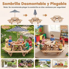 Mesa de Piquenique Infantil Hexagonal com Guarda-Sol, 162 x 141 x 53 cm, 6 Bancos Integrados, Natural