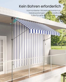 Toldo de fixação varanda 250 x 120 cm com manivela para proteção solar flexível, azul e branco