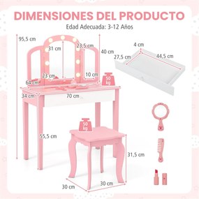 Conjunto de Toucador infantil Princesa 2 em 1 com espelho removível, luzes ajustáveis, banquinho e gaveta em imitação de madeira para maiores de 3 ano