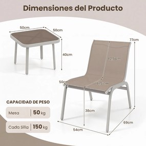 Conjunto de 2 Cadeiras e Mesa de Jardim, 69 x 54 x 77 cm, Tampo de Vidro Temperado, Bege