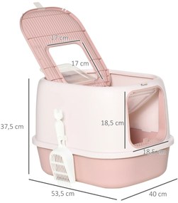 Caixa de Areia para Gatos Caixa de Areia Fechada com Entrada Dianteira Saida Superior Bandeja Removível e Pá 40x53,5x37,5cm Rosa