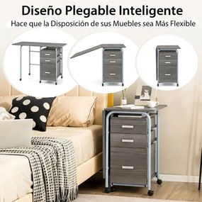 Secretária dobrável para computador 105 x 50 x 74 cm com 3 gavetas de armazenamento e rodas bloqueáveis Cinza