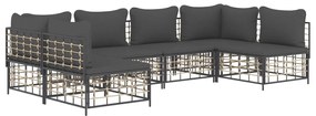 6 pcs conjunto lounge de jardim c/ almofadões vime PE antracite