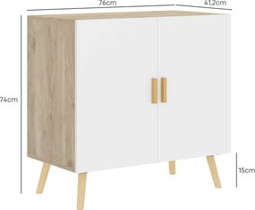 Aparador com puxadores de bambu, prateleira ajustável e base elevada – 76 x 41,2 x 74 cm, branco e cor madeira natural