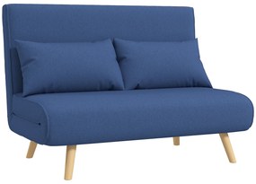 HOMCOM Sofá Cama de 2 Lugares Dobrável Estofado em Linho com Encosto Ajustável em 5 Posições e 2 Almofadas 120x75x85 cm Azul Escuro