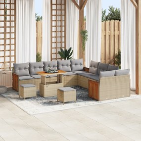 Conjunto de Sofá de Jardim vidaXL com Almofadas Bege Rattan Poliéster Acácia 13 Peças